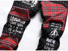 Lade das Bild in den Galerie-Viewer, Men's Scotland Red Plaid Tartan Patchwork Jeans Punk Rivet Patch Black Denim Pants Skull Letters Printed Slim Straight Trousers