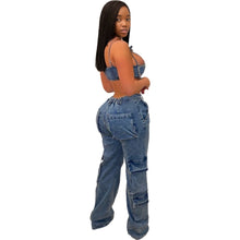 Lade das Bild in den Galerie-Viewer, Washed Straight Bottom Pockets High Waist Cargo Jeans