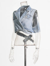 Cargar imagen en el visor de la galería, Chaquetas vaqueras de talla grande, color liso, sin mangas y con solapa azul