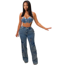 Lade das Bild in den Galerie-Viewer, Washed Straight Bottom Pockets High Waist Cargo Jeans
