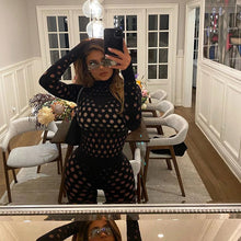 Load image into Gallery viewer, Hollow Out Jumpsuits Women 2021 Turtleneck Sexy Net Plaid Hole Skinny Elastic Club Streetwear Solid Rompers Female Outfits