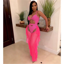 Load image into Gallery viewer, Sexy 2 Piece Sets Women Sheer Mesh Bodysuit Top and Ruffles Pants Set Summer Swimwear Vacation Party Club Wear Two Piece Outfits