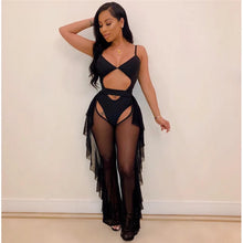 Load image into Gallery viewer, Sexy 2 Piece Sets Women Sheer Mesh Bodysuit Top and Ruffles Pants Set Summer Swimwear Vacation Party Club Wear Two Piece Outfits