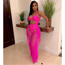 Load image into Gallery viewer, Sexy 2 Piece Sets Women Sheer Mesh Bodysuit Top and Ruffles Pants Set Summer Swimwear Vacation Party Club Wear Two Piece Outfits