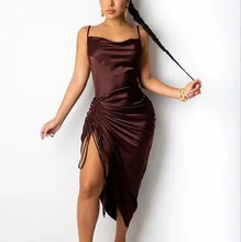 Lade das Bild in den Galerie-Viewer, Ruched Satin Drawstring Spaghetti Straps Cowl Neck Backless Long Dresses
