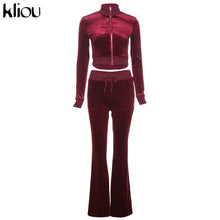 Lade das Bild in den Galerie-Viewer, Kliou Solid Velour Two Piece Set Women Simple Casual Zipper Long Sleeve Turtleneck Top+Bandage Lace Slim Female Wide Leg Pants
