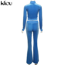 Lade das Bild in den Galerie-Viewer, Kliou Solid Velour Two Piece Set Women Simple Casual Zipper Long Sleeve Turtleneck Top+Bandage Lace Slim Female Wide Leg Pants