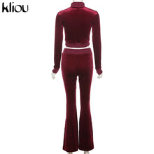 Lade das Bild in den Galerie-Viewer, Kliou Solid Velour Two Piece Set Women Simple Casual Zipper Long Sleeve Turtleneck Top+Bandage Lace Slim Female Wide Leg Pants