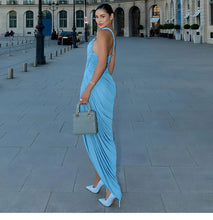 Lade das Bild in den Galerie-Viewer, Blue Vintage Midi Slanted Fold Split Design Dress