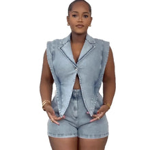 Lade das Bild in den Galerie-Viewer, Blue Denim Women Button V Neck Sleeveless Jumpsuit