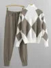 Lade das Bild in den Galerie-Viewer, Women's Sweater + Long Pants O-neck Tops Autumn Winter Plaid 2 Piece Set Knitwear Casual Knit Printed Suits