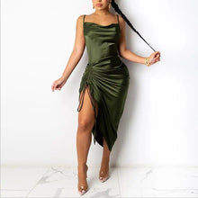 Lade das Bild in den Galerie-Viewer, Ruched Satin Drawstring Spaghetti Straps Cowl Neck Backless Long Dresses