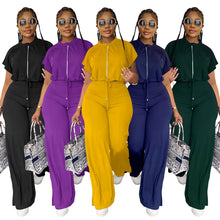 Load image into Gallery viewer, 10163 cross-border European and American Amazon summer drawstring short top high waist split women's trousers fashion two-piece suit