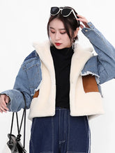 Lade das Bild in den Galerie-Viewer, Sheep Fur Turn-Down Collar Full Sleeves Denim Patchwork Spliced Coat
