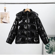 Load image into Gallery viewer, Fashion Shiny Solid Hooded Quilted Jacket Women Stand Collar Long Sleeve Zipper Pocket Street Warm Coat 2026 Winter Lady Outwear