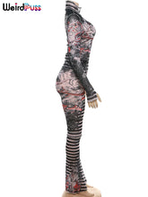 Cargar imagen en el visor de la galería, Conjunto de 2 piezas con estampado estético de gatitos raros para mujer, sexy, transparente, de cuello alto, top corto y pantalones a rayas, elástico, fino, para club.