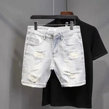 Load image into Gallery viewer, Summer Old Light White Cat Whisker Ripped Denim Four-and-five Pants Men's Slim-fitting Small Feet Versatile Trend Short Pants