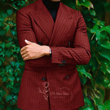 Load image into Gallery viewer, Men Blue Striped Peak Lapel Double Breasted Jacket Pants