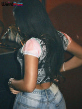 Lade das Bild in den Galerie-Viewer, Weird Puss See Through Numeral Print Short Sleeve Crop Top