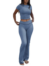 Lade das Bild in den Galerie-Viewer, Casual Workout Short Sleeve Crop High Waist Foldover Flare Pants Sets