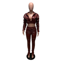 Lade das Bild in den Galerie-Viewer, Sexy PU Faux Leather Two Piece Set for Women Birthday Night Club Outfits Crop Top and Slit Stacked Pants Matching Sets Undefined