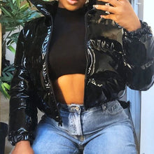 Load image into Gallery viewer, Puffer Long Sleeve Zip Up Crop Bubble Down Shiny Quilted Jacket