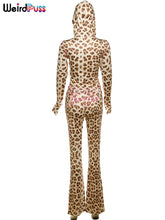 Lade das Bild in den Galerie-Viewer, Weird Puss Leopard Contrast Letter Print 2 Piece Set Women Hooded Full Sleeve Crop Jacket+Skinny Stretch Flare Pants Trend Suits