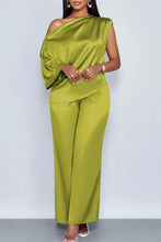 Load image into Gallery viewer, Women Satin Two Piece Set One Shoulder Asymmetrical Single Flared Sleeve Blouse Straight Wide Leg Pants Elegant Matching Set
