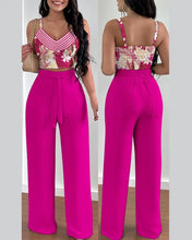 Cargar imagen en el visor de la galería, 2 Piece V-Neck Strap Shirred Slim Crop Top & Lace-up Wide Leg Pants Sets
