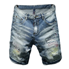 Load image into Gallery viewer, Men Summer Blue Shorts Jeans Holes Denim Shorts Paint Casual Streetwear Jeasn Shorts High Quality Men Slim Fit Stretch Jeans 38