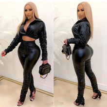 Lade das Bild in den Galerie-Viewer, Sexy PU Faux Leather Two Piece Set for Women Birthday Night Club Outfits Crop Top and Slit Stacked Pants Matching Sets Undefined