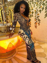 Lade das Bild in den Galerie-Viewer, Weird Puss Sexy See Through Butterfly Print Metal Ring Hollow Full Sleeve Dress