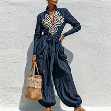 Load image into Gallery viewer, Women Jumpsuit Stand Collar V‑Neck Ethnic Long Sleeve Belted Waist Harem Balloon Pants Jumpsuit