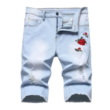 Load image into Gallery viewer, 2026 Summer Men's Red Rose Embroidered Jeans Shorts, Fashion Casual Shorts Black Blue White Men Torn and Frayed Denim Shorts