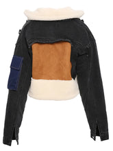 Lade das Bild in den Galerie-Viewer, Sheep Fur Turn-Down Collar Full Sleeves Denim Patchwork Spliced Coat