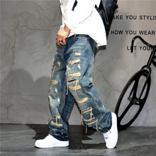 Load image into Gallery viewer, Mens Ripped Baggy Distressed Denim Straight Leg Patchwork Oversized Jeans