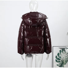 Load image into Gallery viewer, Fashion Shiny Solid Hooded Quilted Jacket Women Stand Collar Long Sleeve Zipper Pocket Street Warm Coat 2026 Winter Lady Outwear