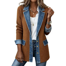 Load image into Gallery viewer, Women Denim Patchwork Collared Button Blazer Jacket