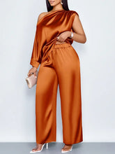 Load image into Gallery viewer, Women Satin Two Piece Set One Shoulder Asymmetrical Single Flared Sleeve Blouse Straight Wide Leg Pants Elegant Matching Set