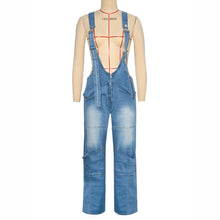 Load image into Gallery viewer, High Waisted Zip Denim Pockets Cargo Jeans Jumpsuits