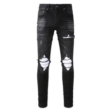 Lade das Bild in den Galerie-Viewer, Men's Cracked White Pleated Patch Biker Jeans