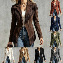 Load image into Gallery viewer, Women Faux Suede Fringe Slim Fit Turn Down Collar Long Sleeve Jacket