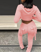 Lade das Bild in den Galerie-Viewer, Zipper Design with Exposed Navel Hooded Sweatshirt and Drawstring V-Shaped Waistline Work Pants, Sports Pants Long Pants Set