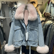 Charger l'image dans la galerie, Fox Fur Denim Fleece-Lined and Batwing Sleeve Cotton Coat