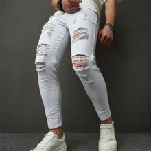 Cargar imagen en el visor de la galería, Pantalones vaqueros ajustados elásticos de estilo sencillo para hombre, pantalones vaqueros ajustados con agujeros, desgastados y lisos