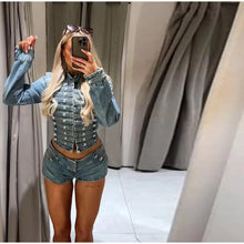Load image into Gallery viewer, Y2K Style Denim Jacket Shorts Set Women's Stand Collar Button Long Sleeve Coats Low Waist Mini Short 2026 Summer New Lady Outfit