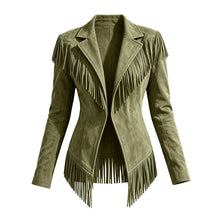 Load image into Gallery viewer, Women Faux Suede Fringe Slim Fit Turn Down Collar Long Sleeve Jacket