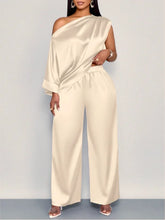 Load image into Gallery viewer, Women Satin Two Piece Set One Shoulder Asymmetrical Single Flared Sleeve Blouse Straight Wide Leg Pants Elegant Matching Set