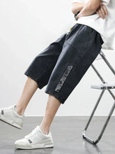 Load image into Gallery viewer, 8XL Summer Men's Jeans Denim Breeches Calf-Length Casual Shorts Washed Cotton Drawstring Straight Capris Pants Big Size