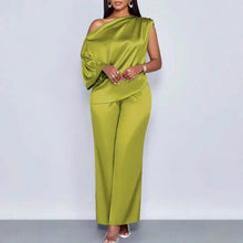 Load image into Gallery viewer, Women Satin Two Piece Set One Shoulder Asymmetrical Single Flared Sleeve Blouse Straight Wide Leg Pants Elegant Matching Set
